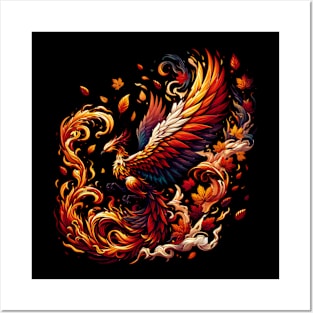 Phoenix Rising from Autumn Leaves Illustration Artwork Posters and Art